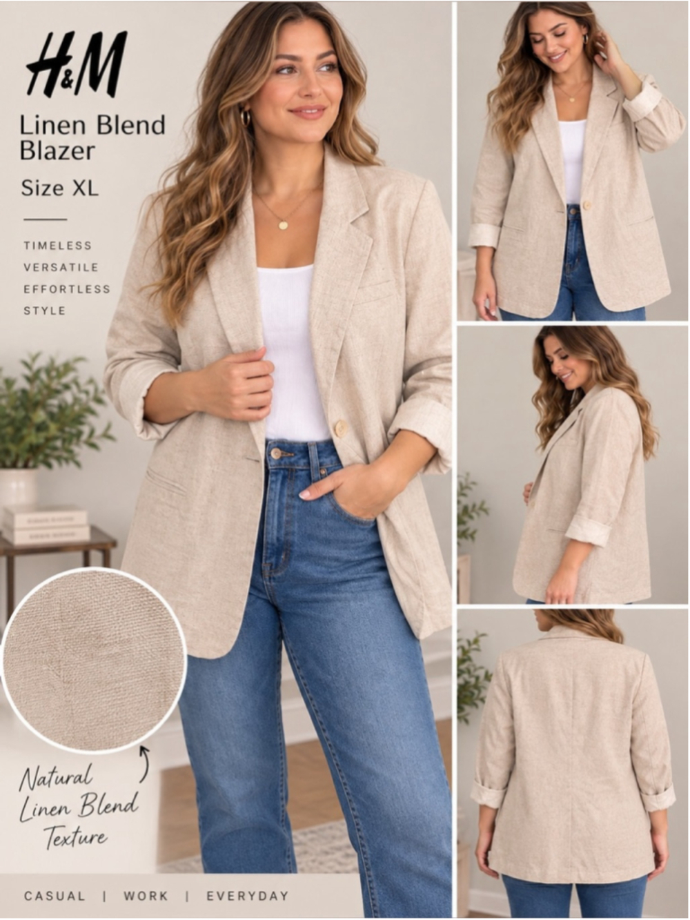 H&M Linen Blend Blazer Size XL Beige Oatmeal Oversized Relaxed Jacket